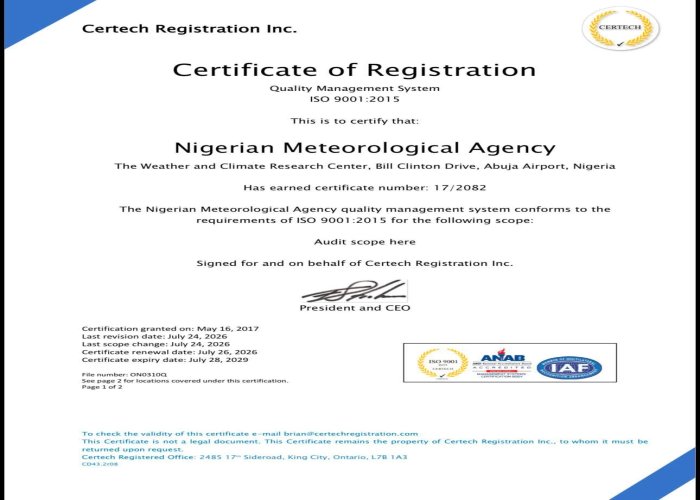 NiMet Achieves ISO 9001: 2015 Certification for Aeronautical Meteorological Services at Yola, Osubi and Owerri Airports