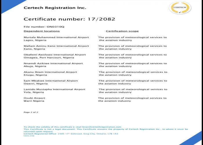 NiMet Achieves ISO 9001: 2015 Certification for Aeronautical Meteorological Services at Yola, Osubi and Owerri Airports